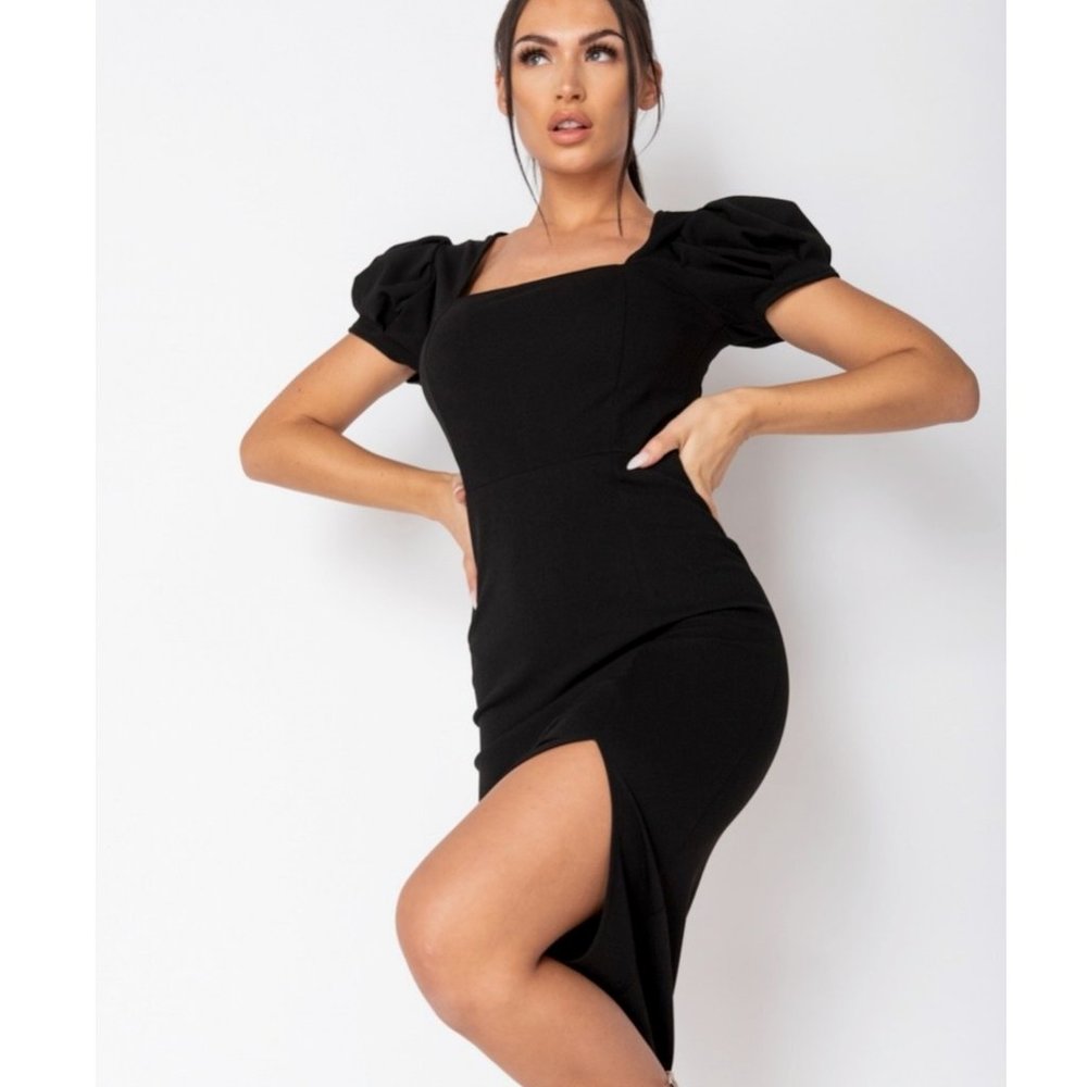 Black Short Puff Sleeve Split Bodycon Midi Dress - Picture 3 of 8